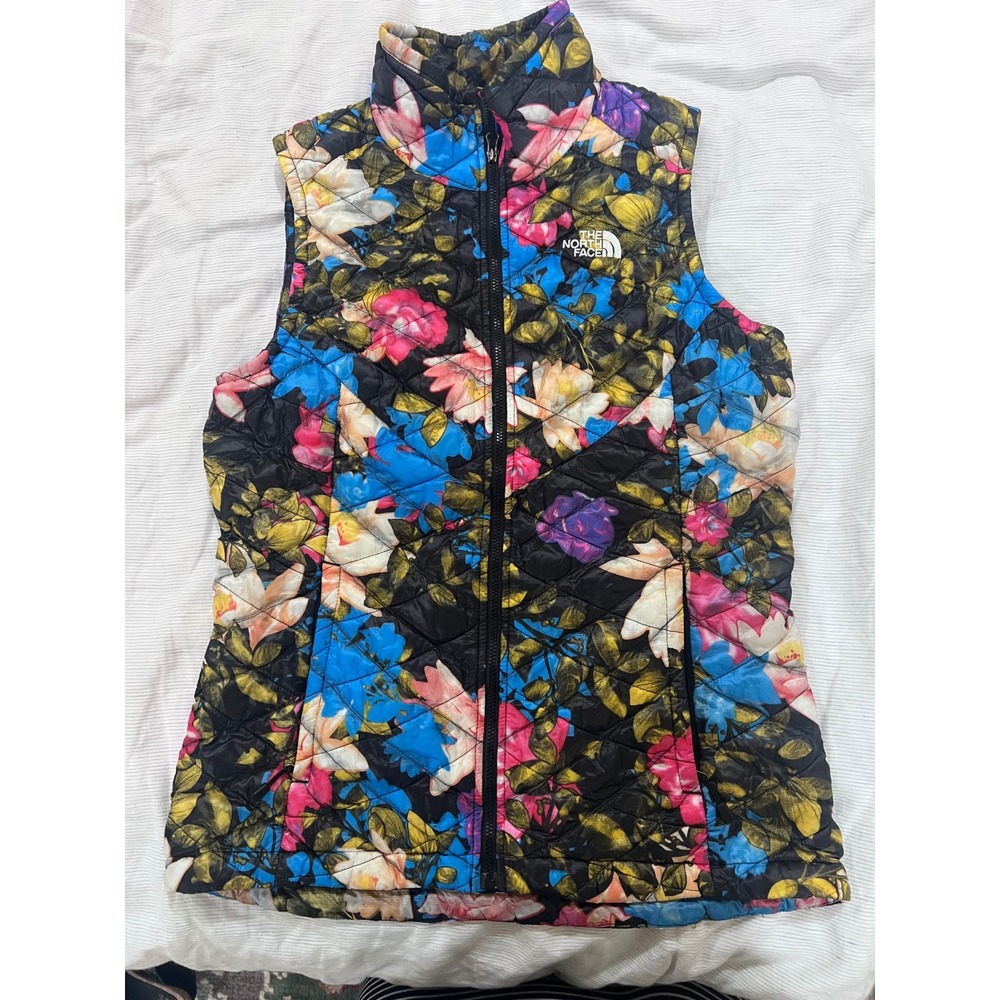 The North Face Thermoball Eco Floral Puffer Vest Womens Small Black Pink Blue